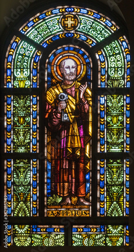 BARCELONA, SPAIN - MARCH 5, 2020: The St. Peter on the stained glass in the c...