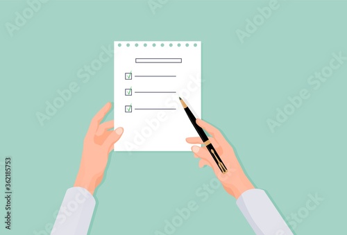 Hands fill list in questionnaire. Choosing right answer in social statistical referendum stylish black pen for ticking right sentence of business vector presentation.