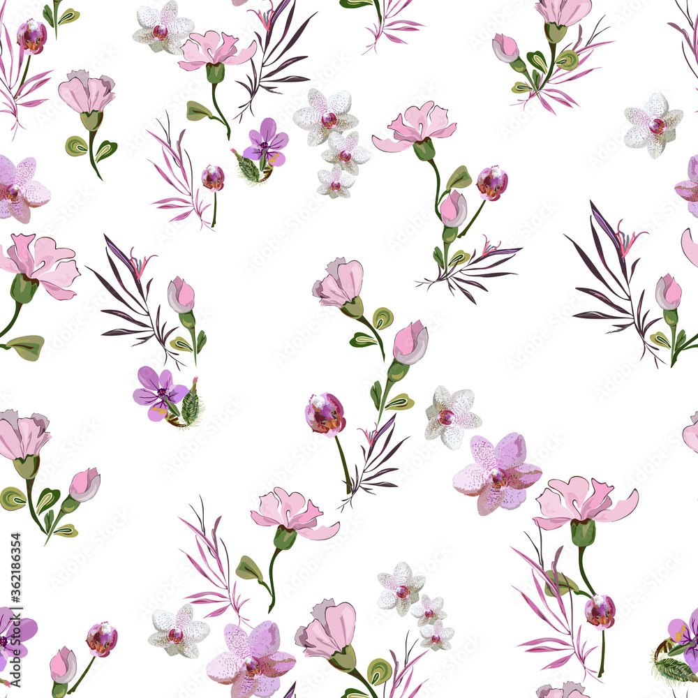 Delicate cute floral pattern with little pink flowers of orchids, violets, roses and buds on a white background. Seamless vector with botanical elements arranged randomly. For textile, wallpaper, tile