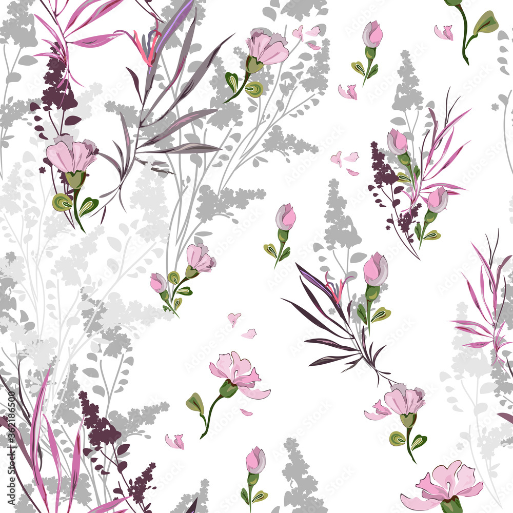 Delicate floral pattern with many varieties of elements on a white background. Seamless vector with silhouettes, and drawings of flowers, stems and leaves arranged randomly. For textile, wallpaper
