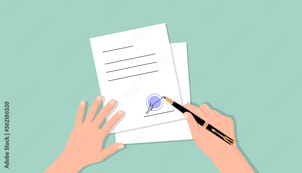 Hands put signature on document. Document work agreement officially certified signature and blue seal,symbol contract employment and financial partnership corporate loan vector offer. Hands put signature on document. Document work agreement officially certified signature and blue seal,symbol contract employment and financial partnership corporate loan vector offer.