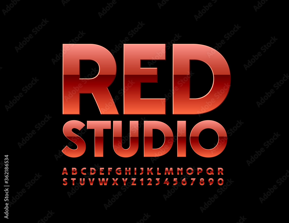 Vector modern logo Red Studio with Glossy Bright Font. Trendy Alphabet Letters and Numbers