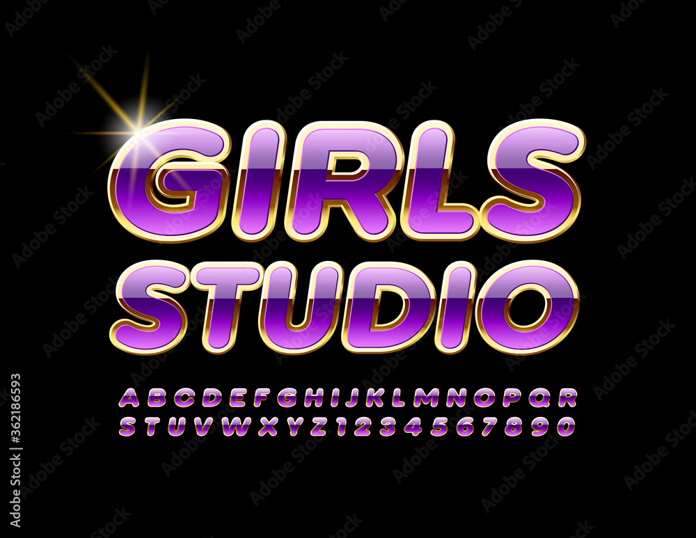Vector glmour logo Girls Studio. Glossy Violet and Gold Font. Luxury Alphbaet Letters and Number