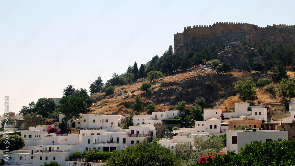 Lindos village and the Acropolis Hill, Rhodes island, Greece