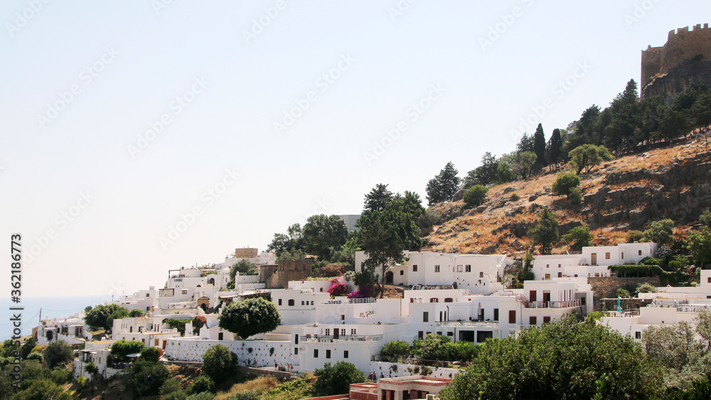 Lindos village and the Acropolis Hill, Rhodes island, Greece