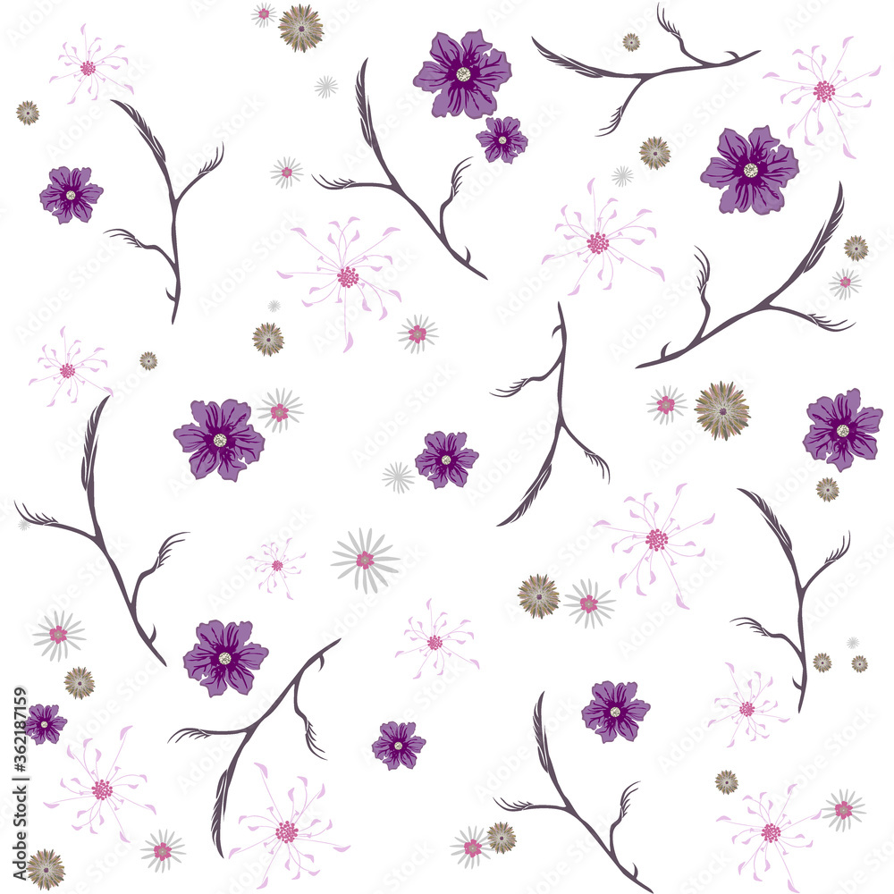 Floral abstract seamless vector isolated pattern. Trendy art style on a white background. Spring, summer field plants for the design of backgrounds, textiles, wallpaper, postcards, ceramics