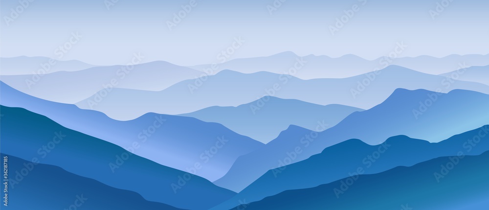 Mountain blue landscape. Horizontal panorama of open huge hills distant peaks covered with foggy haze abstract terrain for hiking and rock climbing beautiful vector natural scenery.