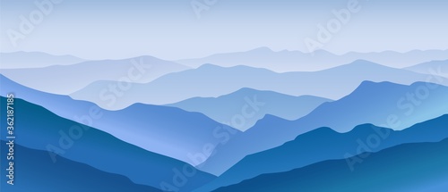 Mountain blue landscape. Horizontal panorama of open huge hills distant peaks covered with foggy haze abstract terrain for hiking and rock climbing beautiful vector natural scenery.
