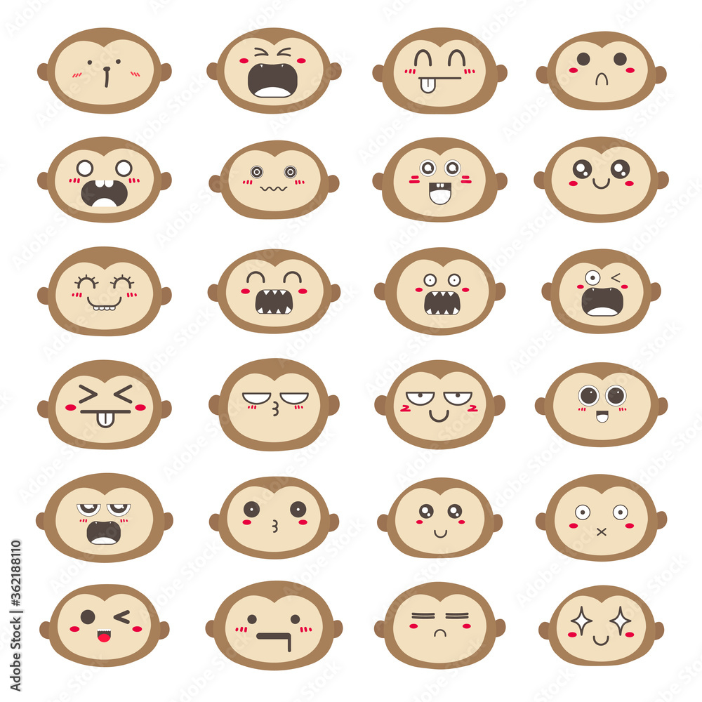 Set of monkey face emoticons, Cute monkey character design. Vector illustration. Set of monkey face emoticons, Cute monkey character design. Vector illustration.