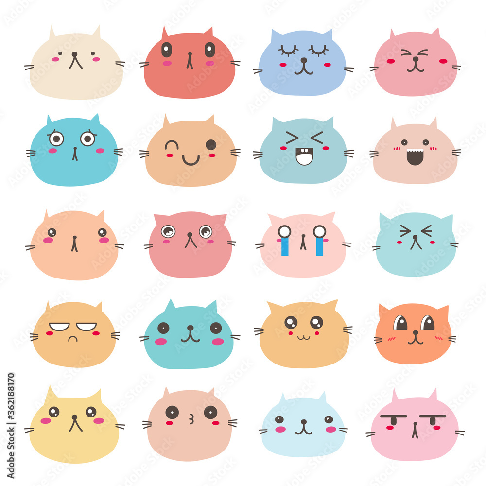 Set of cat face emoticons, Cute cat character design. Vector illustration.