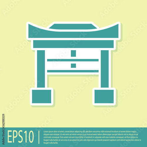 Green Japan Gate icon isolated on yellow background. Torii gate sign. Japanese traditional classic gate symbol.  Vector Illustration