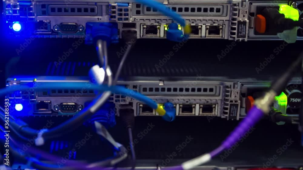 Back Side Of Modern Working Data Center Servers With Cables - Cloud Service And E-Commerce, Upload And Download Server With Cables And Flashing LED Lights - Tilt Down Back Side Of Modern Working Data Center Servers With Cables - Cloud Service And E-Commerce, Upload And Download Server With Cables And Flashing LED Lights - Tilt Down