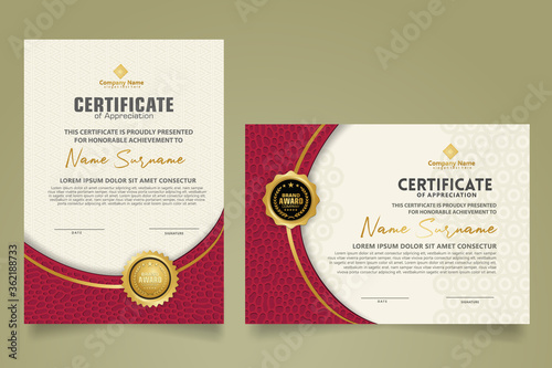 set vertical and horizontal certificate template with organic rounded texture on curve ornament and modern pattern background