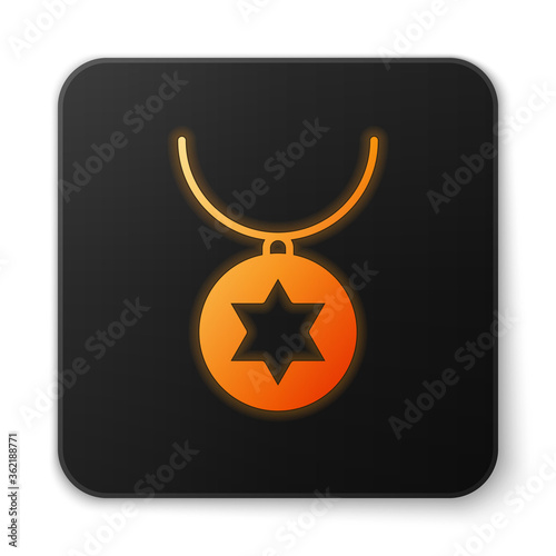 Orange glowing neon Star of David necklace on chain icon isolated on white background. Jewish religion. Symbol of Israel. Jewellery and accessory. Black square button. Vector Illustration