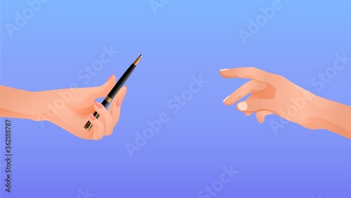Hands pass each other pen. Help in writing resume message friendly communication helping hand in filling out contract art of vector correspondence.