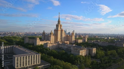 sunset light moscow state university lomonosov avenue aerial flight over panorama 4k russia