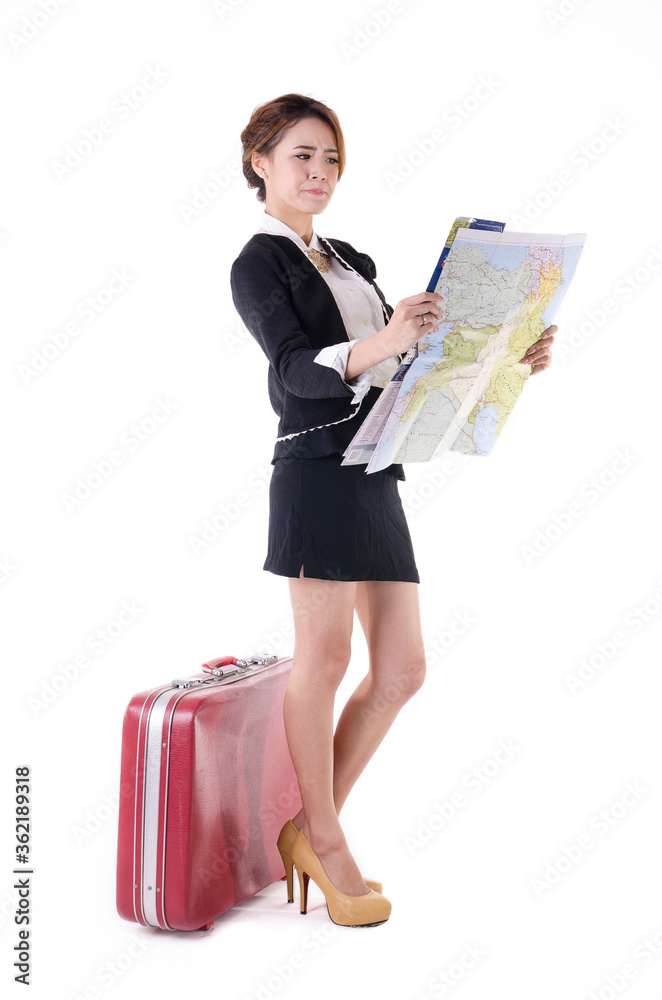 Young Asian tourist female stands to thinking and looking the map ,isolated on white background. Young Asian tourist female stands to thinking and looking the map ,isolated on white background.