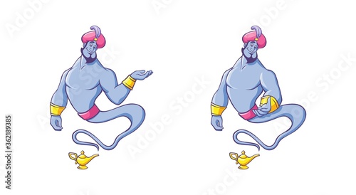 Genie from lamp. Magical character with smile in red Arabic turban gold bracelets emerges from ancient vessel cartoon kind character traditional Persian tale powerful magical vector creature.