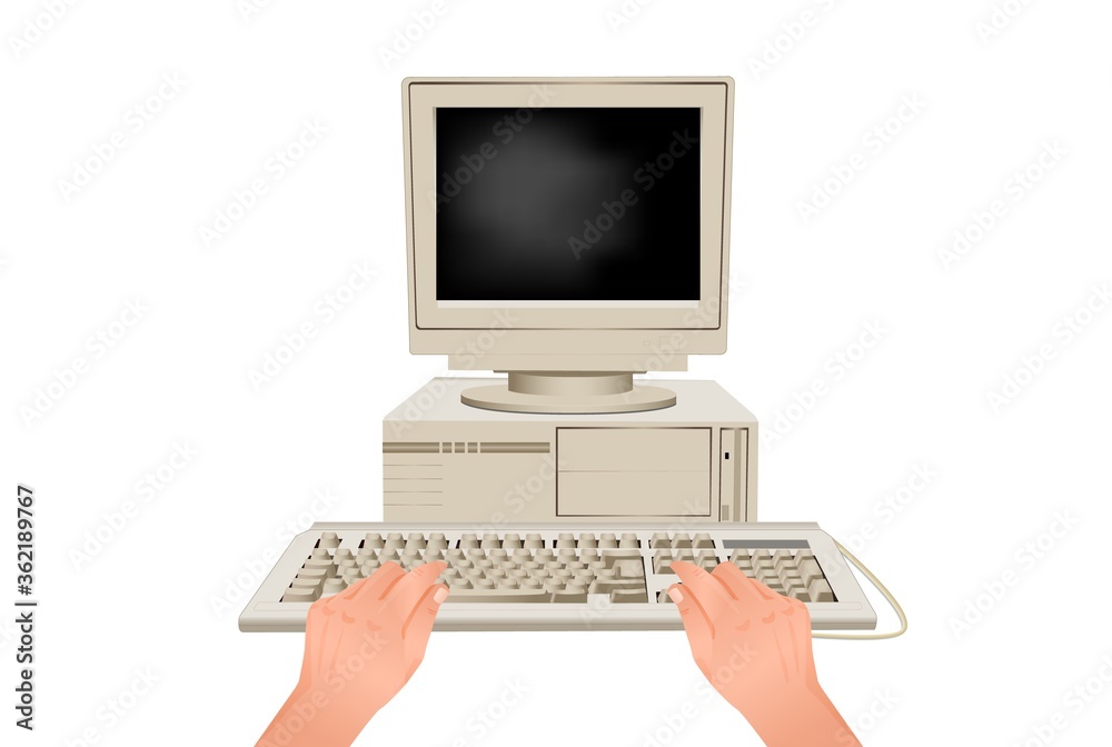 Hands are typing on computer keyboard. Online workplace behind retro pc stylish equipment for modern web work communication business vector marketing use. Hands are typing on computer keyboard. Online workplace behind retro pc stylish equipment for modern web work communication business vector marketing use.