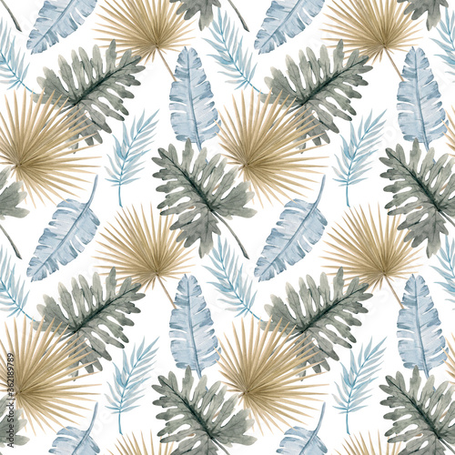 Fototapeta Naklejka Na Ścianę i Meble -  Beautiful seamless pattern with watercolor tropical leaves. Stock illustration