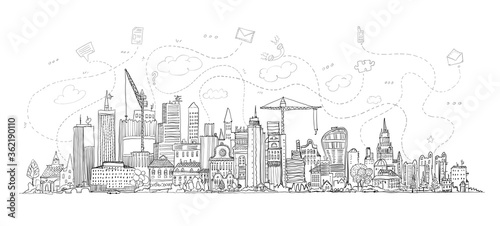 Big modern City illustration with office buildings, skyscrapers and communication icons. Business concept illustration 