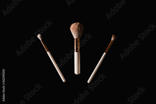 Elegantly lit make-up brushes on a black background