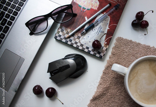 Flatlay Freelance. remote work. Laptop, coffee, morning