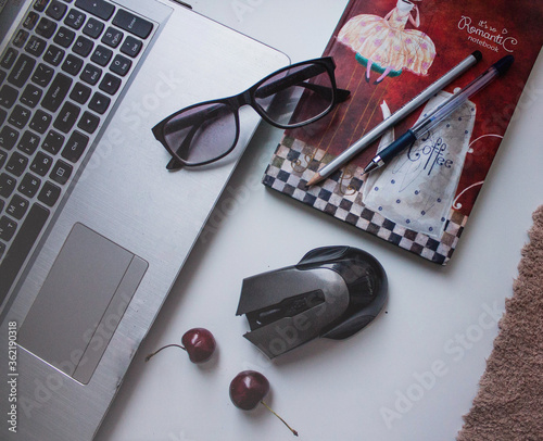 Flatlay Freelance. remote work. Laptop, coffee, morning