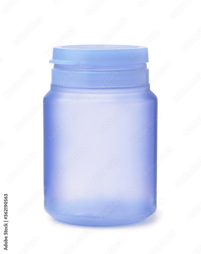 Front view of blue empty plastic jar Front view of blue empty plastic jar