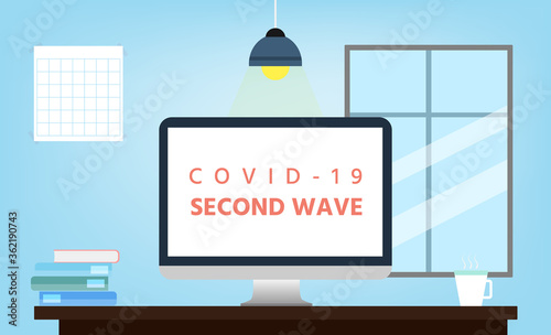 Defense concept of the second and third wave of coronavirus outbreak, COVID-19 and second wave alphabet on screen computer, work table, relaxing pastel colors, vector illustration for graphic design