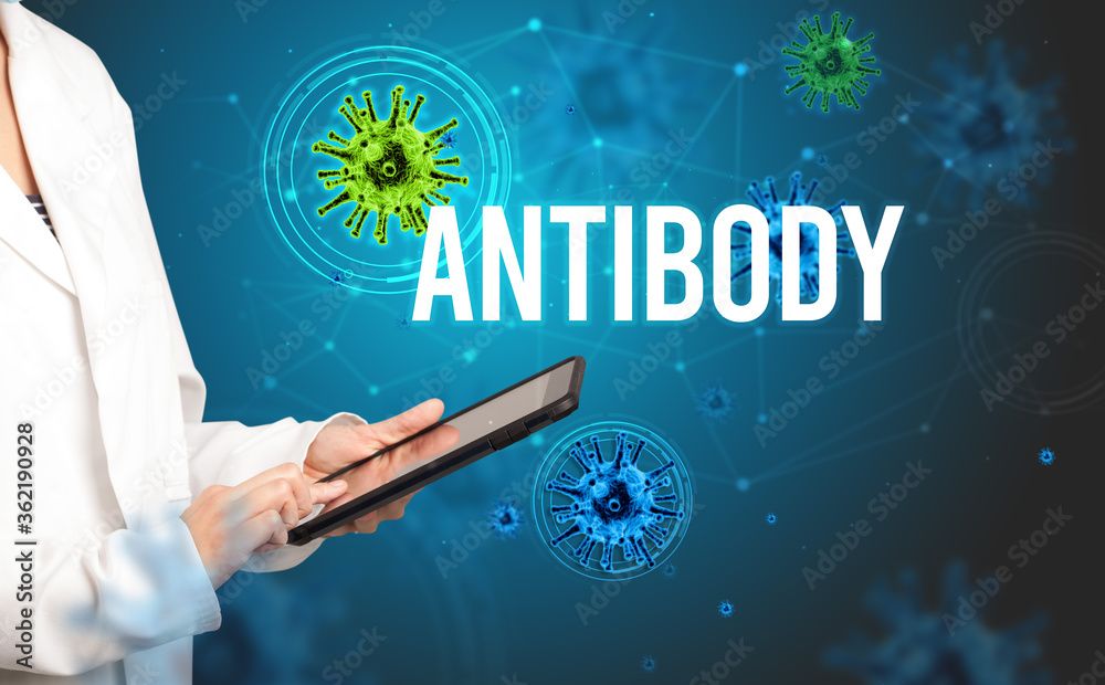 doctor prescribes a prescription with ANTIBODY inscription, pandemic concept