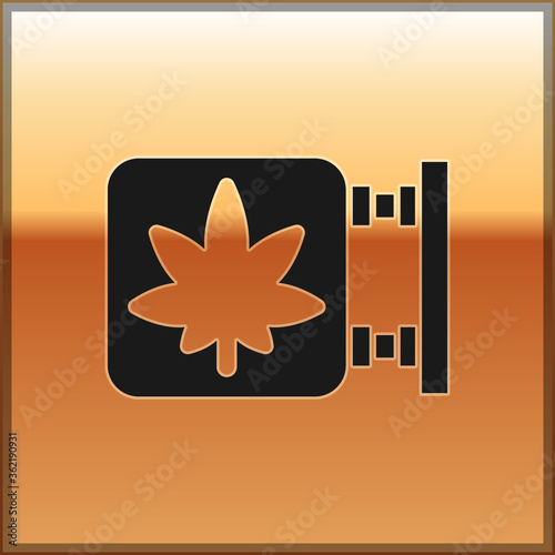 Black Marijuana and cannabis store icon isolated on gold background. Equipment and accessories for smoking, storing medical cannabis.  Vector Illustration