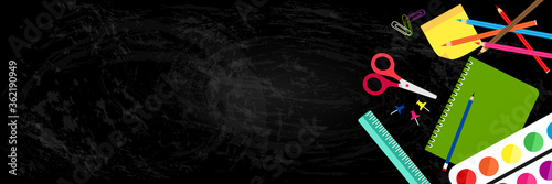 Back to school horizontal banner with blackboard and school supplies