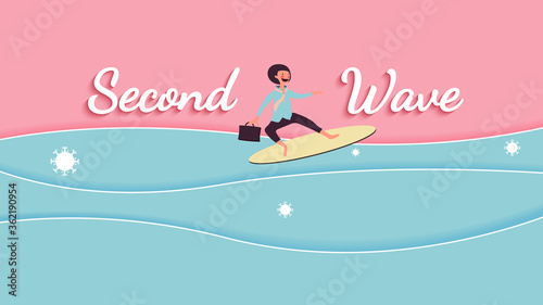 Businessman smiling and play surfboard, pink cheek character holding office bag, second wave alphabet isolated on pastel background, relaxing pastel colors, vector illustrations for graphic, paper cut