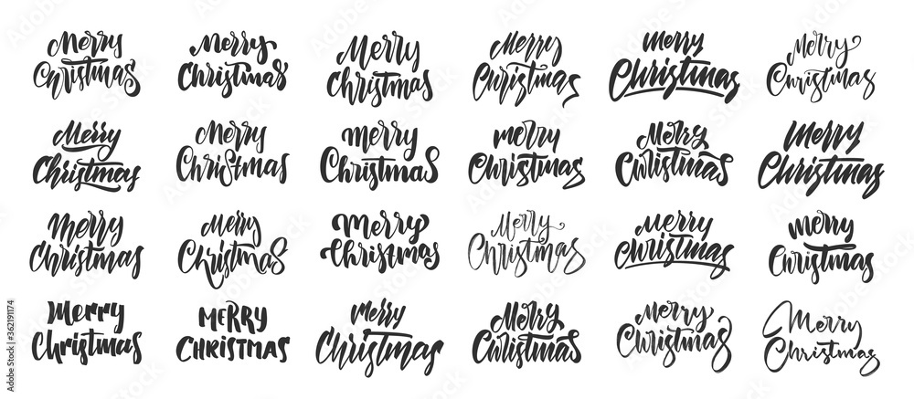 Big set of Handwritten brush lettering of Merry Christmas on white background.
