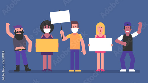Group people women and men hold signs and rebel. Flat people