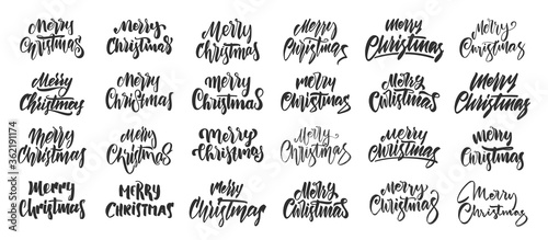 Big set of Handwritten brush lettering of Merry Christmas on white background.