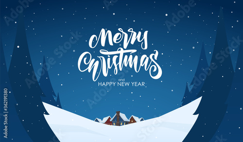 Winter christmas landscape with cartoon houses and handwritten lettering of Merry Christmas
