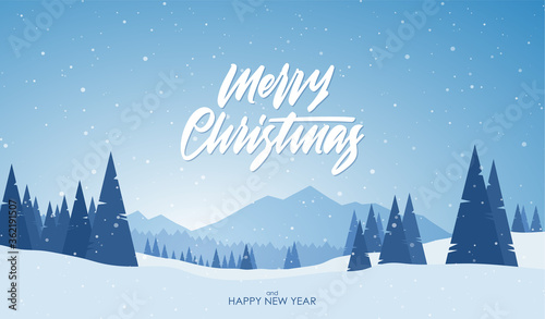 Blue mountains winter snowy landscape with hand lettering of Merry Christmas and pine forest on foreground.