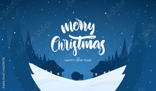 Winter snowy scene with Santa Claus in village and Hand lettering of Merry Christmas