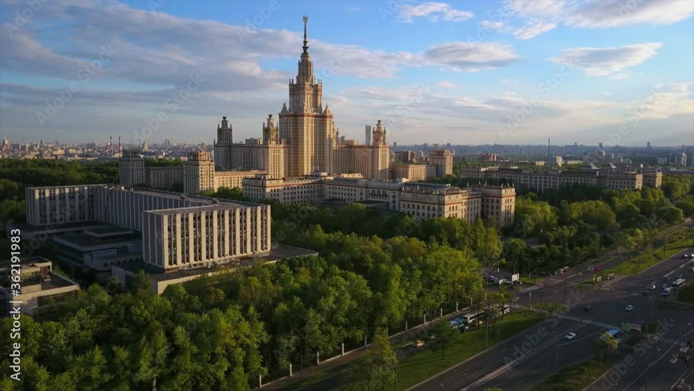 sunset evening moscow state university lomonosov prospect aerial flight over panorama 4k russia