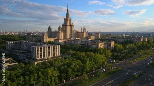 sunset evening moscow state university lomonosov prospect aerial flight over panorama 4k russia