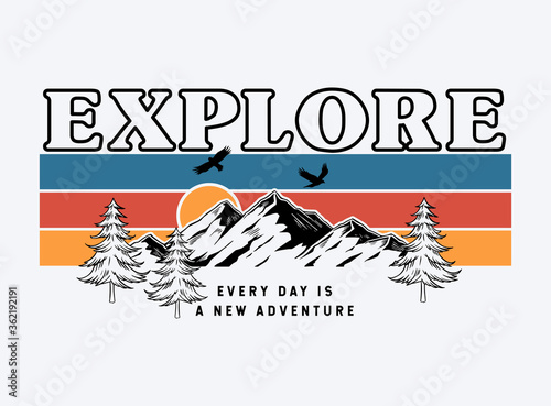 Mountain illustration, outdoor adventure . Vector graphics for t shirt  prints, posters and other uses. photo