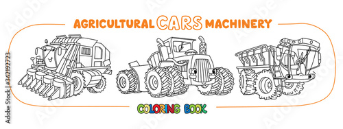 Agricultural machinery funny cars coloring book set