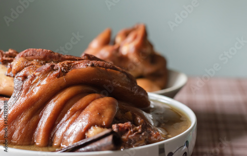 Stewed Pork Leg, Chinese food style and popular in Thailand,Has a sweet, Not spicy flavor Is a children's favorite menu, A food with high fat, High energy, High cholesterol, Selective focus.