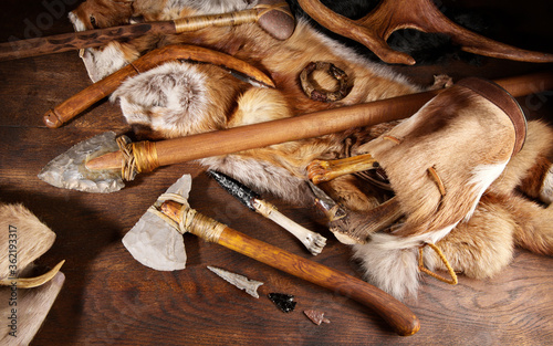 Stone Age Tools on wooden Background - Panoramic View