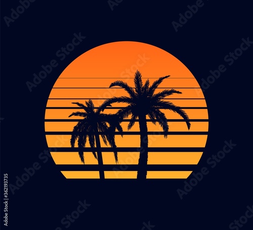 Retro sunset orange. Evening rays setting sun two palm trees against synthwave background of an abstract in strip electronic design in style of 80 fantastic grid of futuristic vector landscape.