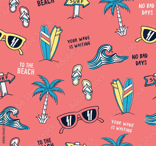 Hand drawn vector seamless pattern. Surfboards, sunglasses, palm trees, waves and slogan texts.