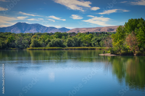 lake in the mountains with blue sky