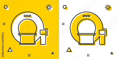 Black Tomography icon isolated on yellow and white background. Medical scanner, radiation. Diagnosis, radiology, magnetic resonance therapy. Random dynamic shapes. Vector Illustration.